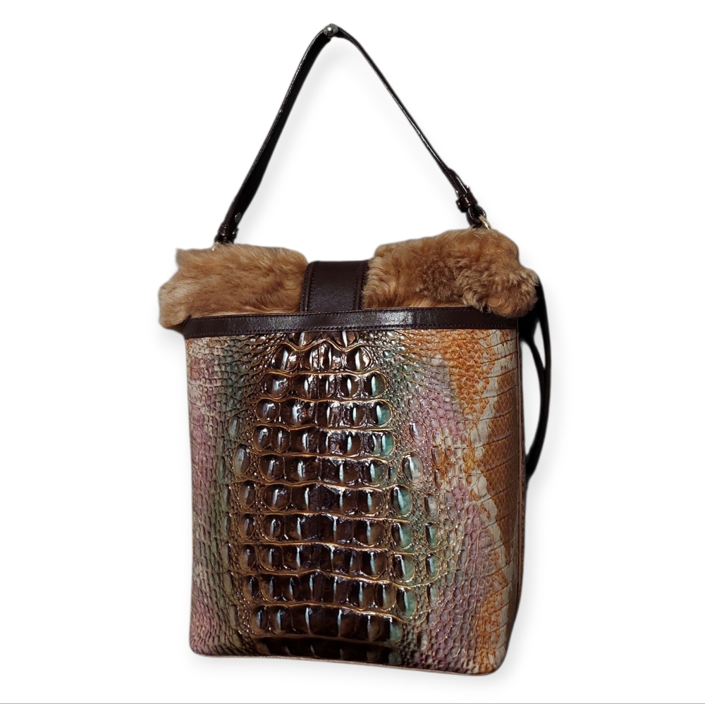 Brahmin Shira Genuine Shearling Croc Embossed Leather Bucket Shoulder Bag EUC - Picture 5 of 13